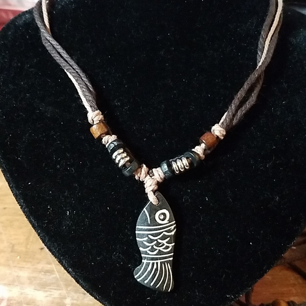 Nature Stones, Beads, & Twine Necklace 23" Fish